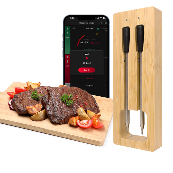 Koch- und Bratthermometer – WLAN mit Brat-App – Repeater sorgt für große Distanz zwischen Handy – Backofen, Grill oder Pfanne.