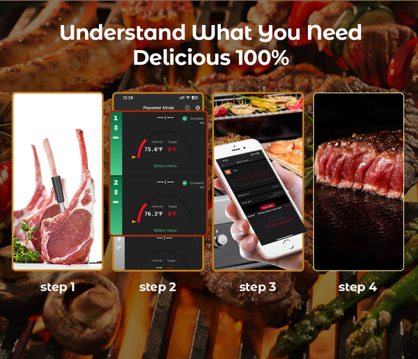 Koch- und Bratthermometer – WLAN mit Brat-App – Repeater sorgt für große Distanz zwischen Handy – Backofen, Grill oder Pfanne.