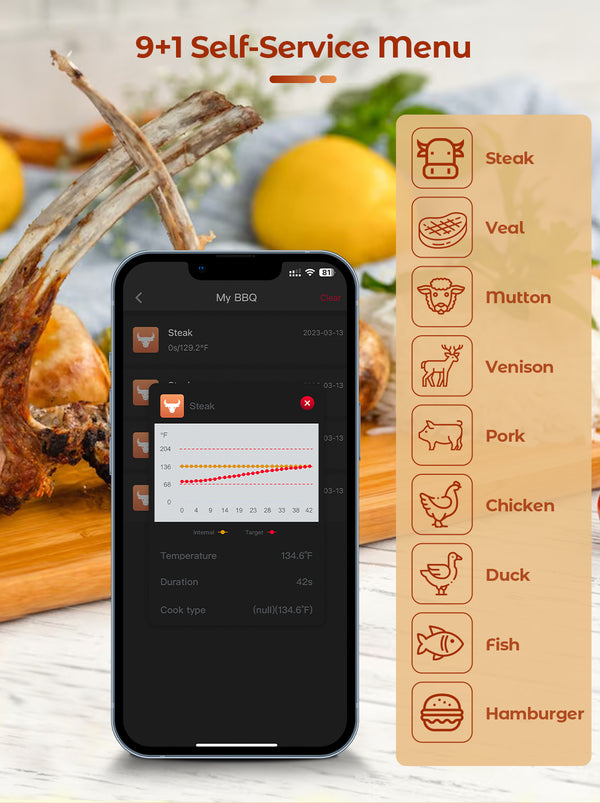 Koch- und Bratthermometer – WLAN mit Brat-App – Repeater sorgt für große Distanz zwischen Handy – Backofen, Grill oder Pfanne.