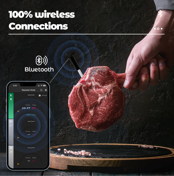 Koch- und Bratthermometer – WLAN mit Brat-App – Repeater sorgt für große Distanz zwischen Handy – Backofen, Grill oder Pfanne.