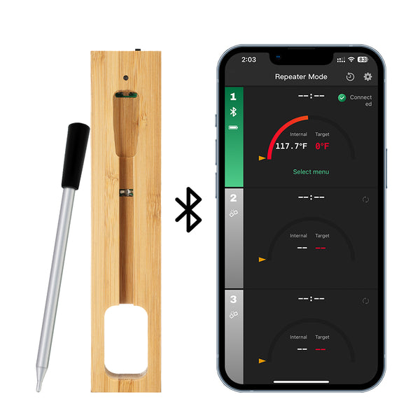Koch- und Bratthermometer – WLAN mit Brat-App – Repeater sorgt für große Distanz zwischen Handy – Backofen, Grill oder Pfanne.