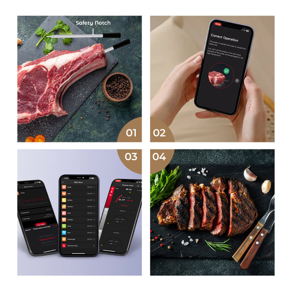 Koch- und Bratthermometer – WLAN mit Brat-App – Repeater sorgt für große Distanz zwischen Handy – Backofen, Grill oder Pfanne.