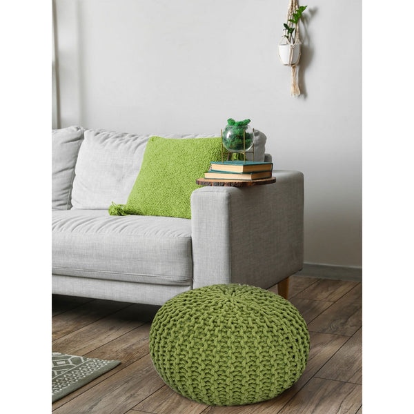 Pouf mit Durchmesser 55 cm (grasgrün) - Strickhocker/Bodenkissen - Grobstrickoptik extra hoch Höhe 37 cm