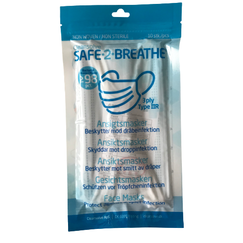 Safe2Breathe – Mundstück – Gesichtsmasken – 3 Schichten Typ IIR – CE-gekennzeichnet – 10er-Pack