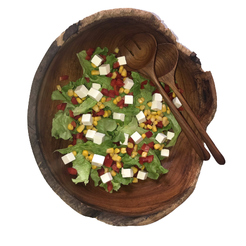 Salatbesteck aus Teakholz - bestehend aus Schale ca. 30 cm Durchmesser und 10 cm Höhe sowie Salatbesteck