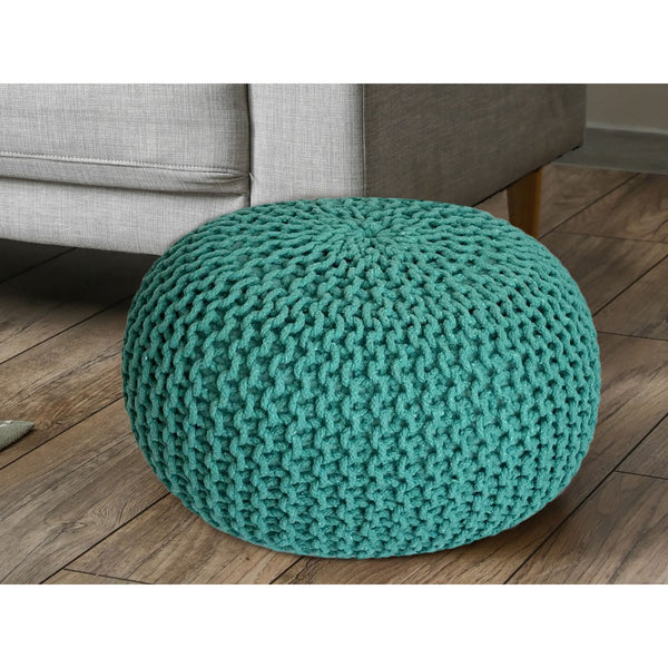 Pouf mit Durchmesser 55 cm (Grün) – Strickhocker/Bodenkissen – Grobstrick-Optik, extra hoch, Höhe 37 cm